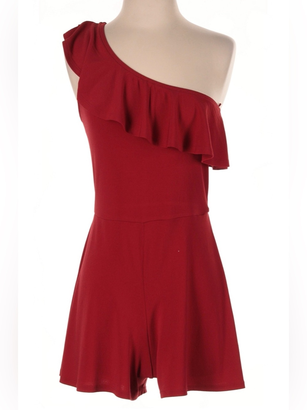 Express One-Shoulder Ruffle Romper in Red